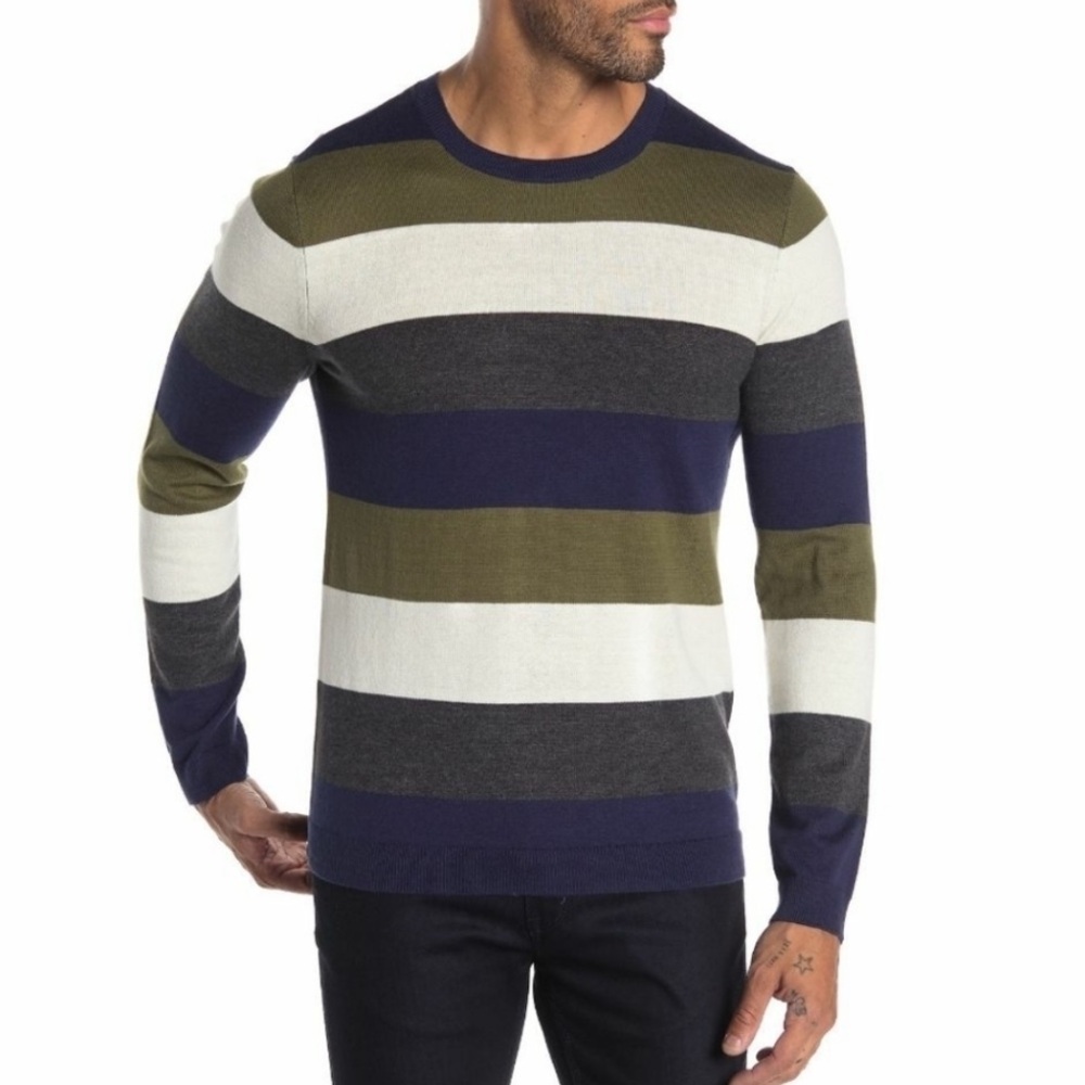 NWT Public Opinion Crewneck Striped Sweater, Blue Green Gray & Cream, Size XXL